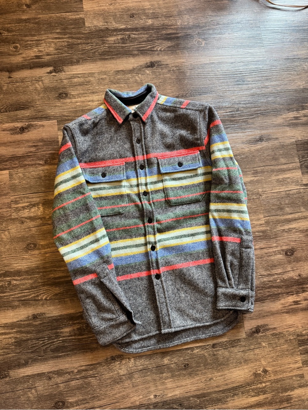 Imogene + Willie Hall Herringbone Wool Overshirt Strip Gray Red Men’s Size M